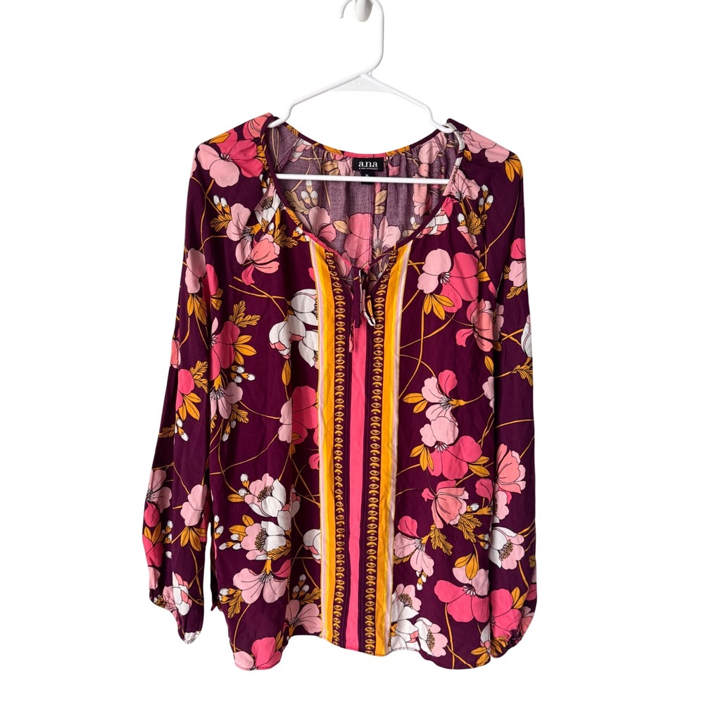 ana A New Approach Floral Boho Split Neck Tie Rayon Blouse Purple Pink XL